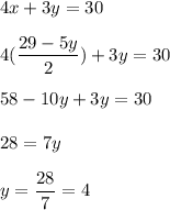 4x + 3y = 30\\\\4(\dfrac{29-5y}{2}) + 3y = 30\\\\58 -10y  +3y = 30\\\\28= 7y\\\\y = \dfrac{28}{7} = 4