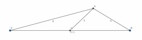 Triangle abc is such that ab=4 and ac=8 if m is the midpoint of bc and am=3, what is the length of b