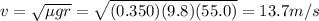 v=\sqrt{\mu g r}=\sqrt{(0.350)(9.8)(55.0)}=13.7 m/s