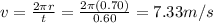 v=\frac{2\pi r}{t}=\frac{2\pi (0.70)}{0.60}=7.33 m/s