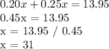 0.20x + 0.25x = 13.95&#10;&#10;0.45x = 13.95&#10;&#10;x = 13.95 / 0.45&#10;&#10;x = 31