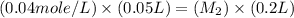(0.04mole/L)\times (0.05L)=(M_2)\times (0.2L)