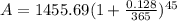 A=1455.69(1+\frac{0.128}{365})^{45}