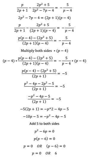 P/2p+1-2p^2+5/2p^2-7p-4=5/p-4 the values of p in the equation are (-1) (0) (1) and (-8) (6) (11)