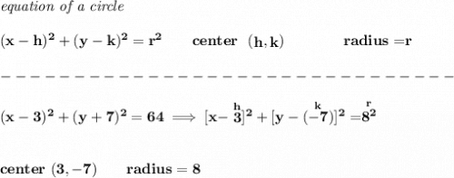 \bf \textit{equation of a circle}\\\\ &#10;(x- h)^2+(y- k)^2= r^2&#10;\qquad &#10;center~~(\stackrel{}{ h},\stackrel{}{ k})\qquad \qquad &#10;radius=\stackrel{}{ r}\\\\&#10;-------------------------------\\\\&#10;(x-3)^2+(y+7)^2=64\implies [x-\stackrel{h}{3}]^2+[y-(\stackrel{k}{-7})]^2=\stackrel{r}{8^2}&#10;\\\\\\&#10;center~(3,-7)\qquad radius=8