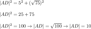 |AD|^2=5^2+(\sqrt{75})^2\\\\|AD|^2=25+75\\\\|AD|^2=100\to|AD|=\sqrt{100}\to|AD|=10