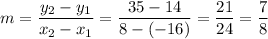 m=\dfrac{y_2-y_1}{x_2-x_1}=\dfrac{35-14}{8-(-16)}=\dfrac{21}{24}=\dfrac{7}{8}