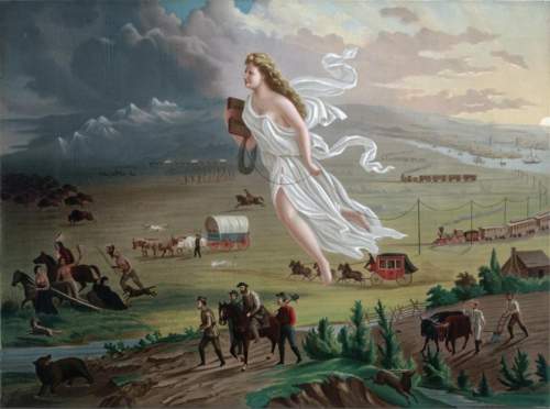 Write an essay about what is manifest destiny and describe the things in the picture?