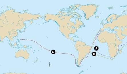 Which explorer made the voyage shown by the letter c on the map, and why was it remarkable? &lt;