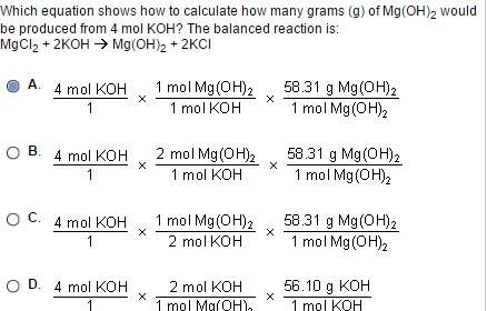 Which equation shows how to calculate how many grams (g) of mg(oh)2 would be produced from 4 mol koh