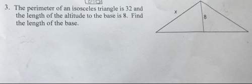 The perimeter of an isosceles triangle is 32. and the length of the altitude to the base is 8. find