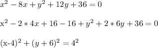x^2-8x+y^2+12y+36=0\\&#10;&#10;x^2-2*4x+16-16+y^2+2*6y+36=0\\&#10;&#10;(x-4)^2+(y+6)^2=4^2&#10;&#10;
