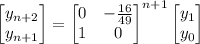 \begin{bmatrix}y_{n+2}\\y_{n+1}\end{bmatrix}=\begin{bmatrix}0&-\frac{16}{49}\\1&0\end{bmatrix}^{n+1}\begin{bmatrix}y_1\\y_0\end{bmatrix}