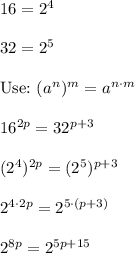 16=2^4\\\\32=2^5\\\\\text{Use:}\ (a^n)^m=a^{n\cdot m}\\\\16^{2p}=32^{p+3}\\\\(2^4)^{2p}=(2^5)^{p+3}\\\\2^{4\cdot2p}=2^{5\cdot(p+3)}\\\\2^{8p}=2^{5p+15}