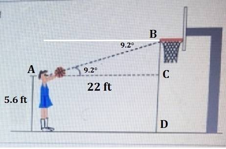 The angle of depression from the basketball hoop to claire’s eyes is 9.2 . the vertical distance fro