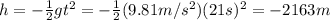 h= -\frac{1}{2}gt^2= -\frac{1}{2}(9.81 m/s^2)(21 s)^2=-2163 m