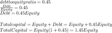 debt to equity ratio = 0.45\\\frac{Debt}{Equity} = 0.45\\ Debt = 0.45 Equity\\\\Total capital = Equity + Debt = Equity + 0.45 Equity\\                      Total Capital = Equity (1+0.45)= 1.45 Equity\\