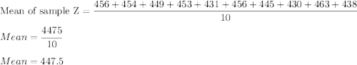 \text{Mean of sample Z}=\dfrac{456+454+449+453+431+456+445+430+463+438}{10}\\\\Mean=\dfrac{4475}{10}\\\\Mean=447.5