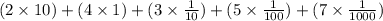 (2\times10)+(4\times1)+(3\times\frac{1}{10} )+(5\times\frac{1}{100} )+(7\times\frac{1}{1000} )