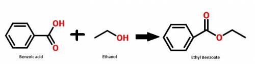 Draw the ester that is formed from the reaction of benzoic acid and ethanol.