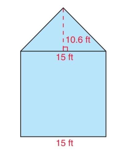 The front of a garage is a square 15 ft on each side with a triangular roof above the square. the he