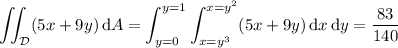 \displaystyle\iint_{\mathcal D}(5x+9y)\,\mathrm dA=\int_{y=0}^{y=1}\int_{x=y^3}^{x=y^2}(5x+9y)\,\mathrm dx\,\mathrm dy=\frac{83}{140}