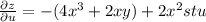 \frac{\partial z}{\partial u} = -(4x^3+2xy) + 2x^2stu