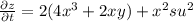 \frac{\partial z}{\partial t} = 2(4x^3+2xy) + x^2su^2