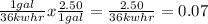 \frac{1 gal}{36 kwhr} x  \frac{2.50}{1 gal} =  \frac{2.50}{36 kwhr} = 0.07
