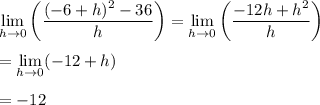 \lim\limits_{h\rightarrow 0}\left(\dfrac{(-6+h)^{2}-36}{h}\right)=\lim\limits_{h\rightarrow 0}\left(\dfrac{-12h+h^{2}}{h}\right)\\\\=\lim\limits_{h\rightarrow 0}(-12+h)\\\\=-12
