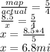 \frac{map}{actual} = \frac{5}{4} \\ &#10;\frac{8.5}{x} = \frac{5}{4} \\ &#10;x = \frac{8.5*4}{5} \\ &#10;x = 6.8 mi