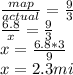 \frac{map}{actual} = \frac{9}{3} \\ \frac{6.8}{x} = \frac{9}{3} \\ x = \frac{6.8*3}{9} \\ x = 2.3 mi&#10;