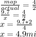 \frac{map}{actual} = \frac{4}{2} \\ \frac{9.7}{x} = \frac{4}{2} \\ x = \frac{9.7*2}{4} \\ x = 4.9 mi