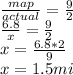 \frac{map}{actual} = \frac{9}{2} \\ \frac{6.8}{x} = \frac{9}{2} \\ x = \frac{6.8*2}{9} \\ x = 1.5 mi