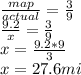 \frac{map}{actual} = \frac{3}{9} \\ &#10;\frac{9.2}{x} = \frac{3}{9} \\ &#10;x = \frac{9.2*9}{3} \\ &#10;x = 27.6 mi