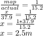 \frac{map}{actual} = \frac{1}{15.2} \\ &#10;\frac{x}{37.9} = \frac{1}{15.2} \\ &#10;x = \frac{1*37.9}{15.2} \\ &#10;x = 2.5 m