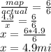 \frac{map}{actual} = \frac{6}{6} \\ &#10;\frac{4.9}{x} = \frac{6}{6} \\ &#10;x = \frac{6*4.9}{6} \\ &#10;x = 4.9 mi