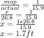 \frac{map}{actual} =  \frac{1}{15.9} \\  \frac{x}{26.8} =  \frac{1}{15.9} \\ x =  \frac{1*26.8}{15.9} \\ x = 1.7 ft