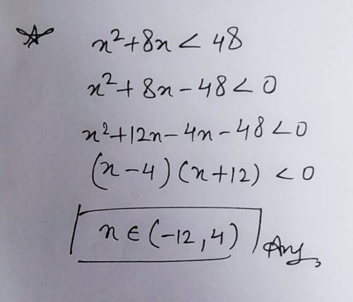 Solve for x. enter your answer in interval notation using grouping symbols. x^2 + 8x <  48
