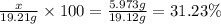 \frac{x}{19.21 g}\times 100=\frac{5.973 g}{19.12 g}=31.23\%