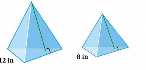 The two triangular pyramids are similar. the smaller pyramid has a volume of 52 inches3. what is the