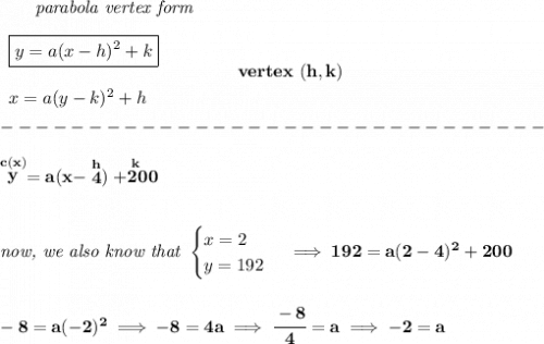 \bf \qquad \textit{parabola vertex form}\\\\&#10;\begin{array}{llll}&#10;\boxed{y=a(x-{{ h}})^2+{{ k}}}\\\\&#10;x=a(y-{{ k}})^2+{{ h}}&#10;\end{array} \qquad\qquad  vertex\ ({{ h}},{{ k}})\\\\&#10;-------------------------------\\\\&#10;\stackrel{c(x)}{y}=a(x-\stackrel{h}{4})\stackrel{k}{+200}&#10;\\\\\\&#10;\textit{now, we also know that }&#10;\begin{cases}&#10;x=2\\&#10;y=192&#10;\end{cases}\implies 192=a(2-4)^2+200&#10;\\\\\\&#10;-8=a(-2)^2\implies -8=4a\implies \cfrac{-8}{4}=a\implies -2=a&#10;\\\\\\&#10;