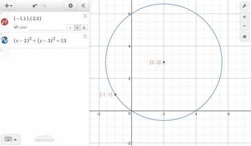 Find the standard equation of a circle that passes through the point (−1, 1) with center (2, 3).