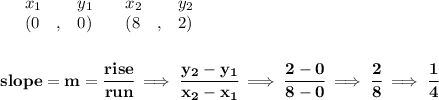 \bf \begin{array}{lllll}&#10;&x_1&y_1&x_2&y_2\\&#10;%   (a,b)&#10;&({{ 0}}\quad ,&{{ 0}})\quad &#10;%   (c,d)&#10;&({{8}}\quad ,&{{ 2}})&#10;\end{array}&#10;\\\\\\&#10;% slope  = m&#10;slope = {{ m}}= \cfrac{rise}{run} \implies &#10;\cfrac{{{ y_2}}-{{ y_1}}}{{{ x_2}}-{{ x_1}}}\implies \cfrac{2-0}{8-0}\implies \cfrac{2}{8}\implies \cfrac{1}{4}