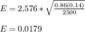 E=2.576* \sqrt{ \frac{0.86(0.14)}{2500} } \\  \\ &#10;E=0.0179
