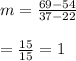 m=\frac{69-54}{37-22}\\\\=\frac{15}{15}=1