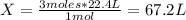 X=\frac{3moles*22.4L}{1mol} =67.2L