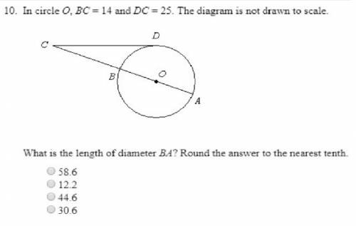 In circle o, bc=14 and dc=25. what is the length of diameter ba?  -58.6 -12.2 -44.6 -30.6