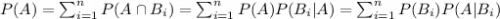 P(A) = \sum_{i=1}^n P(A \cap B_i) = \sum_{i=1}^n P(A)P(B_i|A) = \sum_{i=1}^nP(B_i)P(A|B_i)