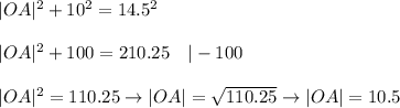 |OA|^2+10^2=14.5^2\\\\|OA|^2+100=210.25\ \ \ |-100\\\\|OA|^2=110.25\to|OA|=\sqrt{110.25}\to|OA|=10.5